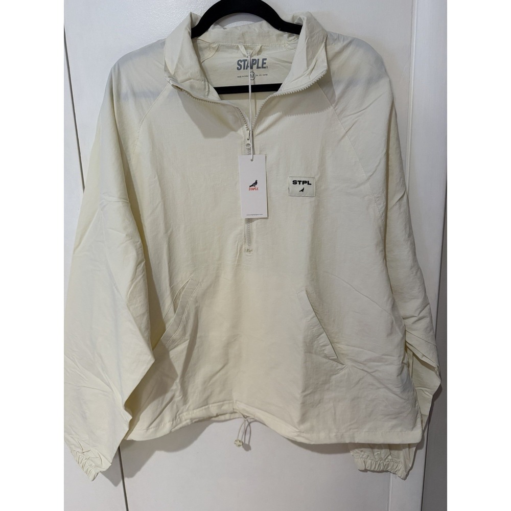 NWT Staple Pigeon Half Zip Windbreaker Jacket Mens‎ M Cream Nylon Drawstring Hem